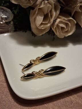 Trifari Gold-Tone Earrings with Black Enamel Knot Detail